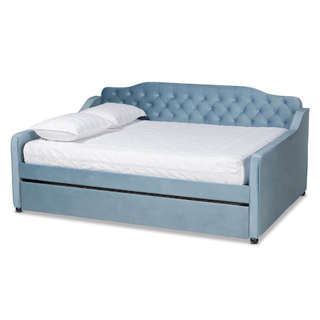 Baxton Studio Freda Blue Velvet and Button Tufted Full Size Daybed with Trundle 164-10408